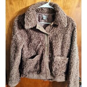 Falls Creek Faux Fur Teddy Jacket S Brown Button Front Pockets Cozy